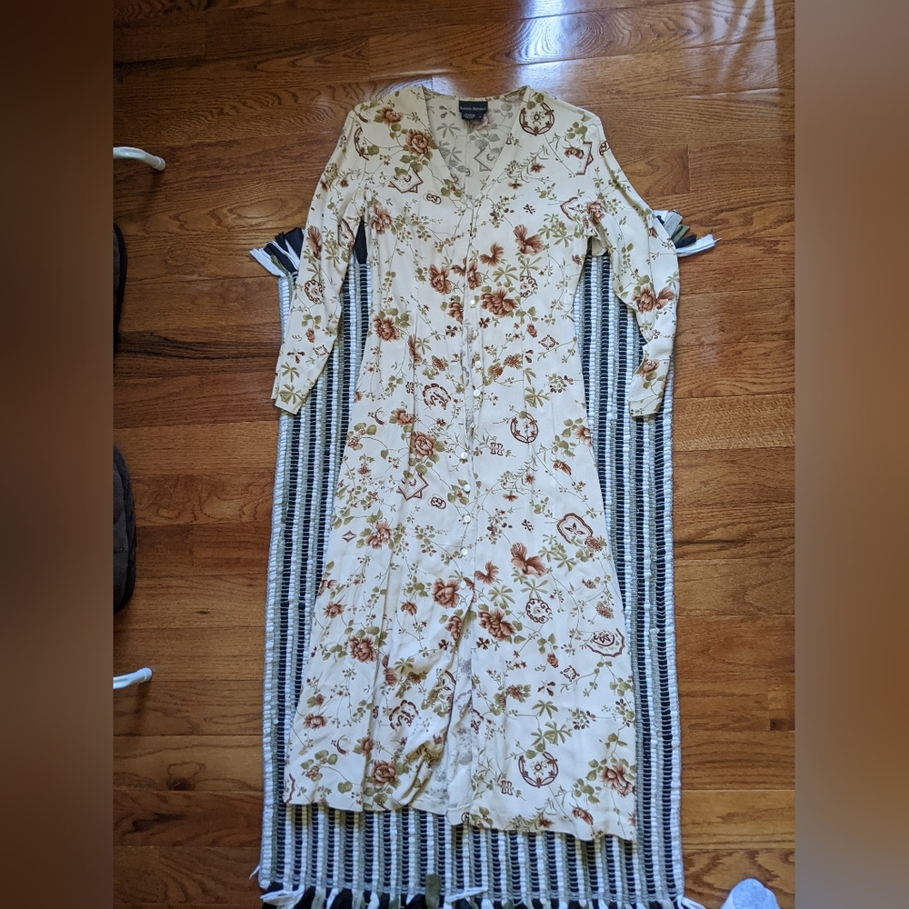 Banana Republic 3/4 Sleeve 100% Rayon Silky Neutral Florals Midi Button Up Dress